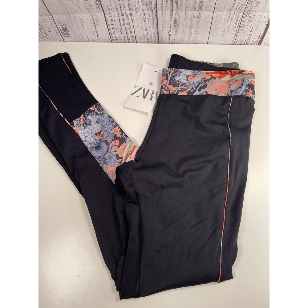 Zara Leggings Black Floral Trim Woman's M  Ankle Pull On Athleticwear